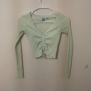 Princess Polly | Cream White Ribbed Long Sleeve Cinch Front Crop Top